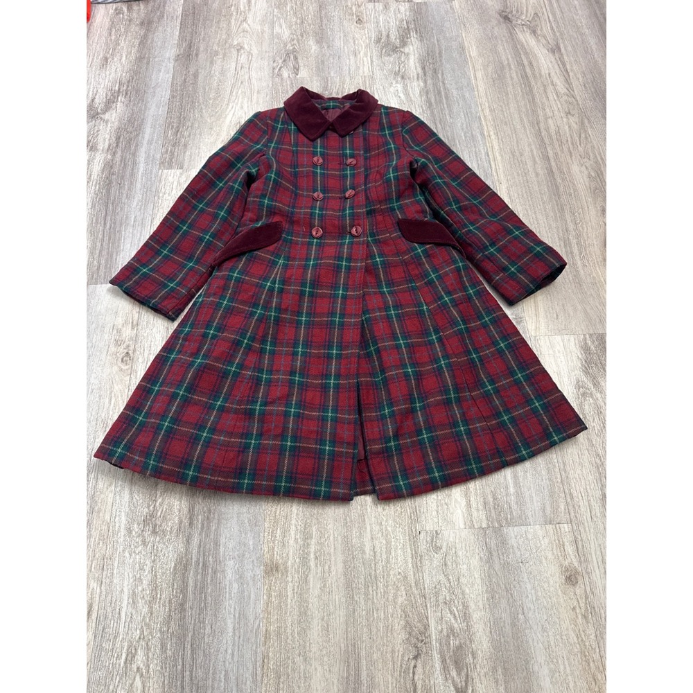 Vintage 1970s Rothschild Girls Size 8 Tartan Plaid Dress Coat Velvet Trim